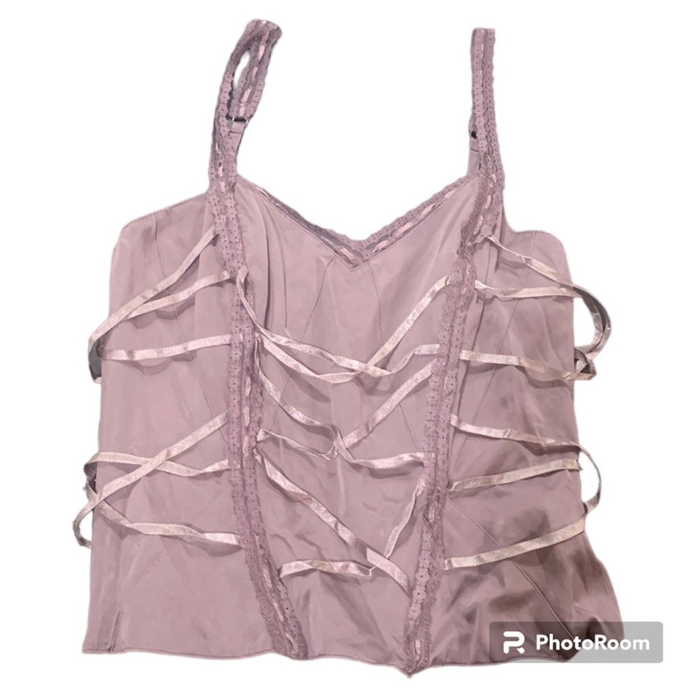 Y2K Bebe Silk Dusty Purple Lace & Ribbon Boned Cami Bustier Top, Size S